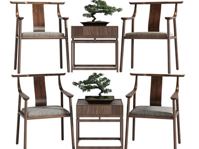 新中式扶手椅子、边几盆景