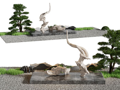 新中式松树、石子景观园艺小品