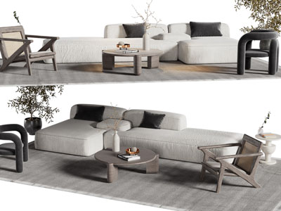 侘寂风布艺转角多人沙发、休闲椅子和茶几组合