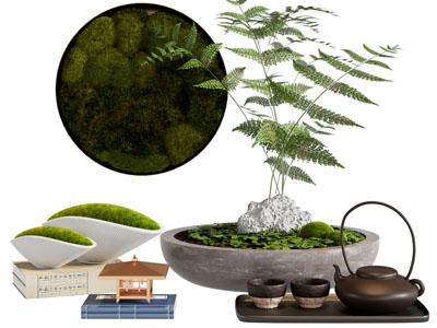 新中式盆景、茶具杯子摆件组合