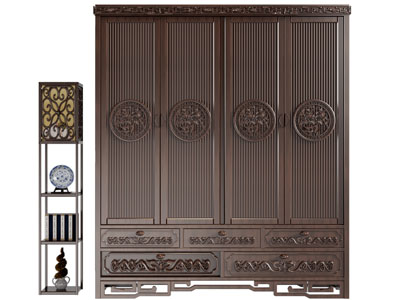 中式实木雕花衣柜3d模型 中式实木雕花衣柜