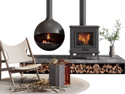 现代休闲椅子、壁炉火炉