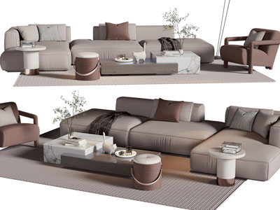 现代布艺转角多人、单人沙发和茶几组合