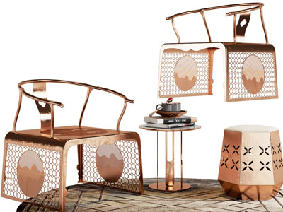 新中式扶手椅子、边几、鼓凳