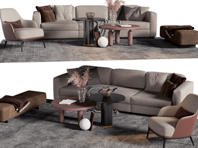现代布艺多人沙发、休闲椅子和茶几组合