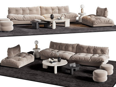 现代布艺多人、单人沙发和茶几组合