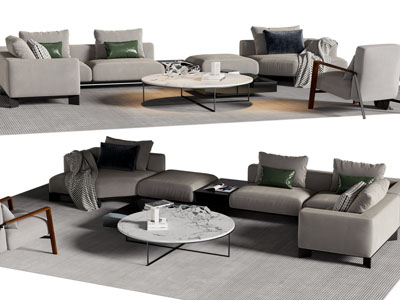 现代布艺转角多人沙发、休闲椅子和茶几组合