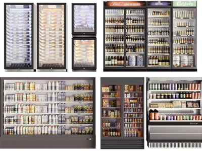 现代玻璃柜门的自助饮料保鲜柜、冰箱、展示柜