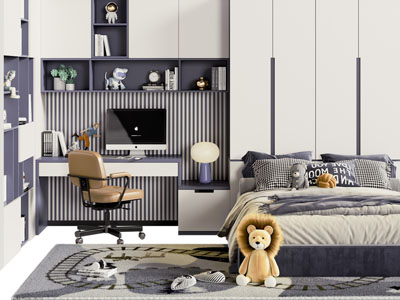 现代儿童书桌椅组合、装饰柜