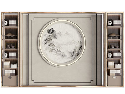 新中式两边装饰柜的背景墙3d模型 新中式两边装饰柜的背景墙