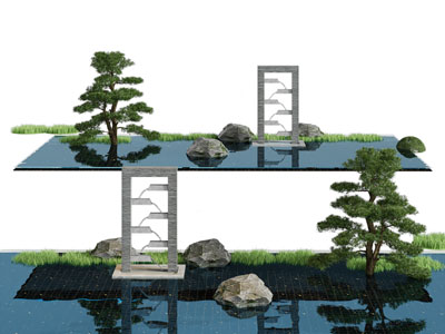 新中式松树、石头景观园艺小品