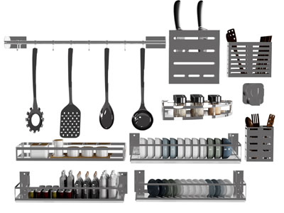 现代金属收纳架里的碗盘、刀具和调味瓶厨具