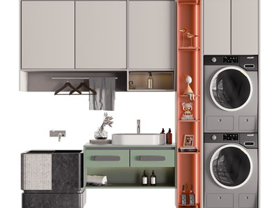 现代嵌入洗衣机、洗衣盆的储物收纳柜