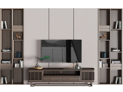 新中式电视背景墙、电视柜