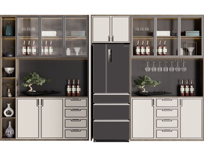 新中式嵌入冰箱的酒柜3d模型 新中式嵌入冰箱的酒柜