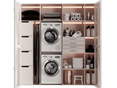 现代百叶柜门的洗衣机、烘干机储物收纳柜