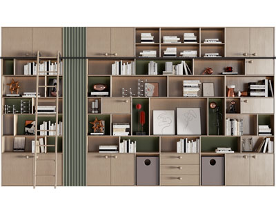 现代实木带轨道梯子的书柜