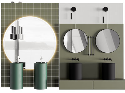 现代轻奢洗手台、圆形镜子