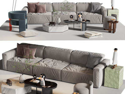 现代布艺多人沙发、休闲椅子和茶几组合