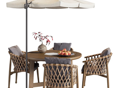 现代户外实木餐桌椅组合、遮阳伞