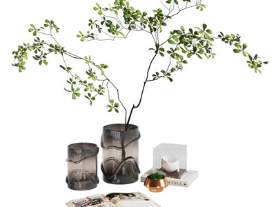 新中式烟灰色花瓶花卉、书籍摆件组合