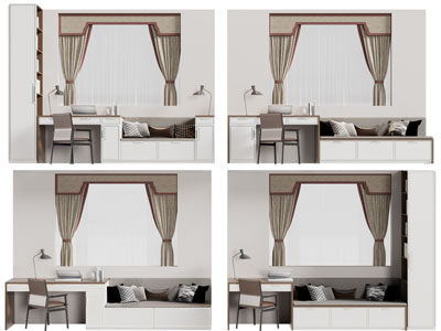 新中式飘窗书桌椅组合、窗帘