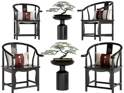 新中式扶手椅、圈椅、边几盆景盆栽
