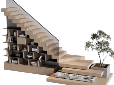 现代实木旋转楼梯、楼梯间书柜3d模型 现代实木旋转楼梯、楼梯间书柜