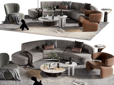 现代弧形多人沙发、休闲椅子和茶几组合