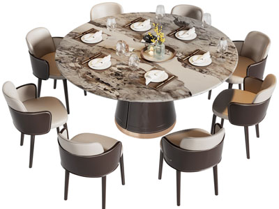 新中式大理石圆形餐桌椅组合