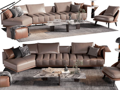 现代转角多人沙发、休闲椅子和茶几组合