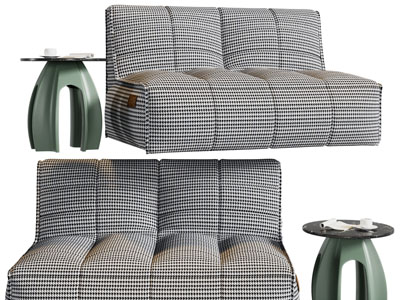 现代千鸟格双人沙发、边几3d模型 现代千鸟格双人沙发、边几