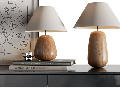 现代台灯、书籍、装饰画摆件组合