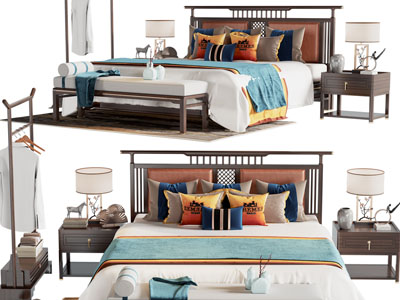 新中式双人床、床头柜、衣架