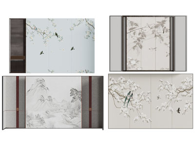 新中式背景墙3d模型 新中式背景墙