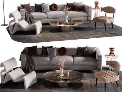 现代布艺多人沙发、休闲椅子和茶几组合