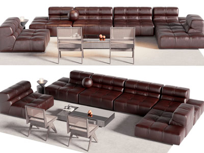 现代皮质转角多人沙发、休闲椅子、茶几组合