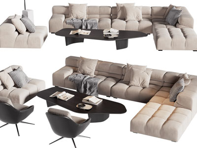现代转角多人沙发、休闲椅子和茶几组合