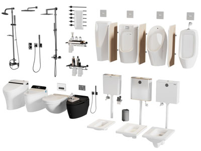 现代马桶、淋浴花洒、小便斗