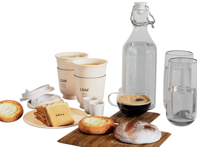 北欧面包、蛋挞、茶具杯子摆件组合