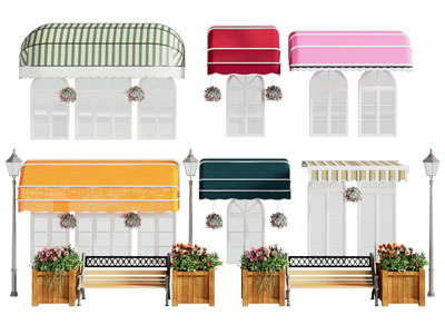 欧式遮阳棚、拱形窗户和户外花坛、公共椅子