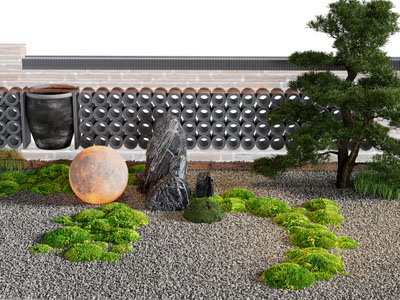新中式松树、石子和景观墙园艺小品