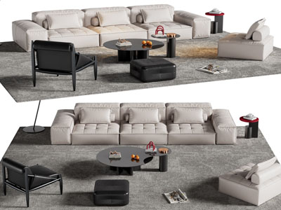 现代布艺多人沙发、休闲椅子和茶几组合