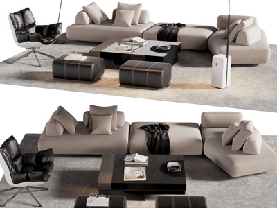 现代转角多人沙发、休闲椅子和茶几组合