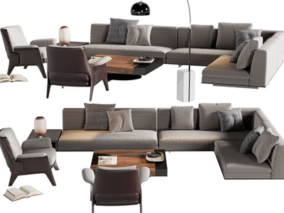 现代布艺转角多人沙发、休闲椅子和茶几组合