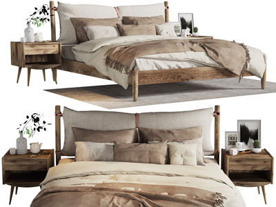 侘寂风实木双人床、床头柜