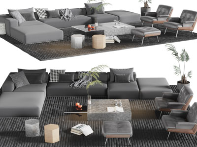 现代多人转角沙发、休闲椅子和茶几组合