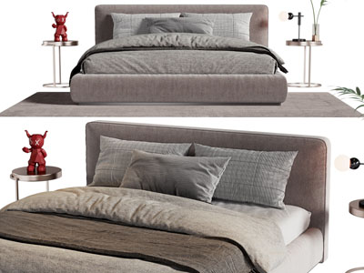 现代布艺双人床、边几