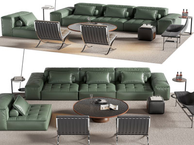 现代复古绿色多人、单人沙发和茶几组合