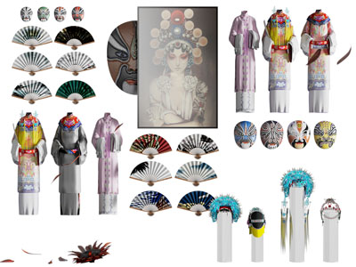 新中式戏剧服装、折扇、脸谱